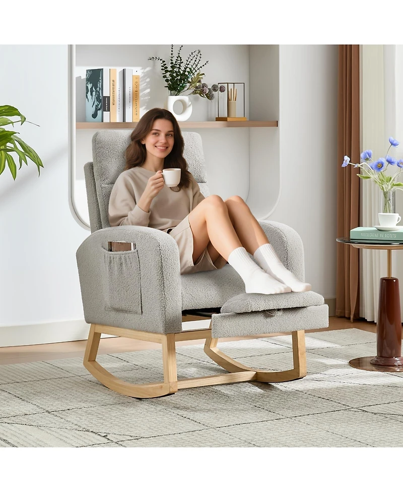 Rocking Chair Set of 2 Soft Fabric with Adjustable Footrest High Back Solid Wood Legs Dual Side Pockets for Living Room Nursery Dining Light Gray