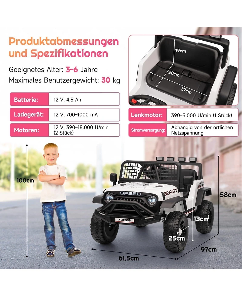 12V Ride On Electric Car for Kids with Remote Control 3 Speed Modes Music Led Lights Safety Belt Battery Powered Vehicle for Ages 3-6