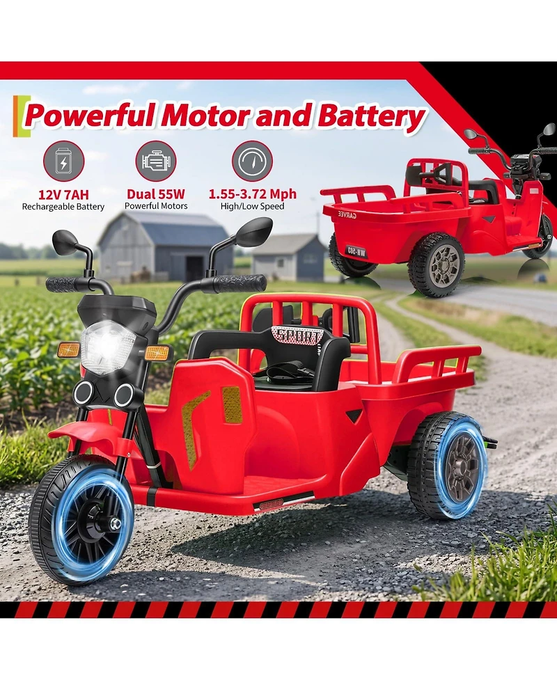12V Kids Electric Motorcycle 3-Wheel Ride on Tractor with Trailer 2x55W Motor Bluetooth Music for Toddler Ages 3-8