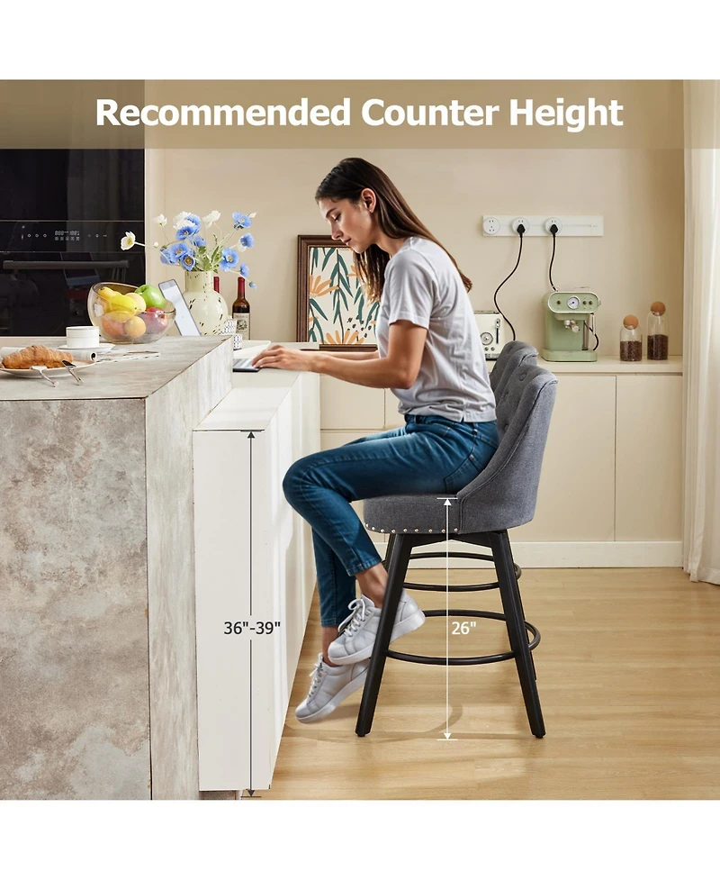 Modern Bar Stool Set of 2, 360 degrees) Swivel Counter Stool, Linen Upholstered Stool with Button Tufted Back, Footrest, Wooden Chair Set for Kitchen