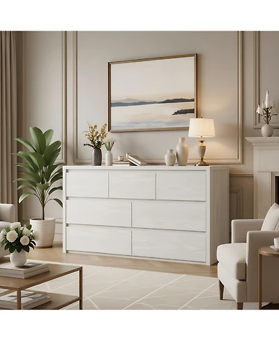 53 x 16 x 32 in 7 Drawer Dresser, Mid-Century Modern Handleless Chest of Drawers, Engineered Wood Storage Organizer for Bedroom, Embossed,White/Black
