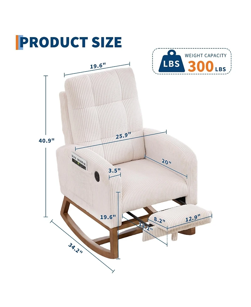 Upholstered Nursery Rocking Chair Glider Rocker Recliner w/Footrest, Side Pocket and Usb Port and Footrest, High Backrest Rocker Recliner for Nursery