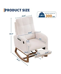 Upholstered Nursery Rocking Chair Glider Rocker Recliner w/Footrest, Side Pocket and Usb Port and Footrest, High Backrest Rocker Recliner for Nursery