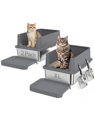 PawHut 2 Pack Xl Stainless Steel Litter Box with Tracking Step and Scoops