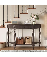 Streamdale Furniture Solid Wood Half Moon Console Table with Drawer and Shelf, Deep Rustic