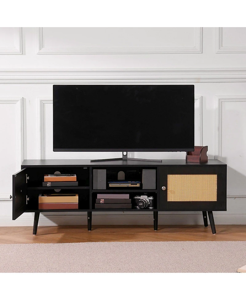 Slickblue Tv Stand with Rattan Doors and Built-In Power Socket, Modern Media Console for Home