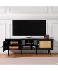 Slickblue Tv Stand with Rattan Doors and Built-In Power Socket, Modern Media Console for Home