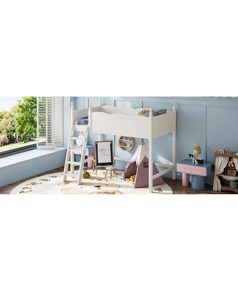 Streamdale Furniture Twin Wood Loft Bed with Guardrails, Ladder and Storage Space