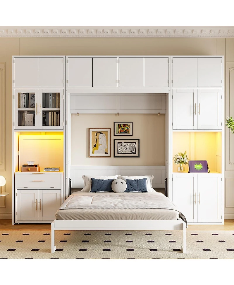 Streamdale Furniture Full Size Murphy Bed with Desk, Storage Cabinets and Led Light