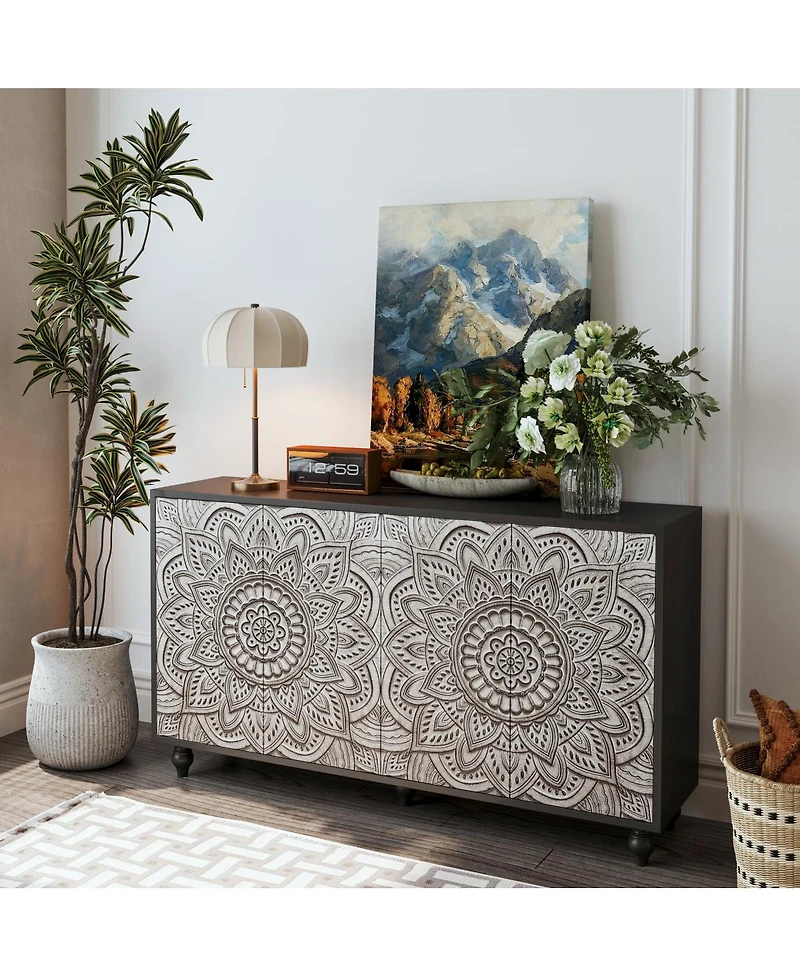 Streamdale Furniture 60" Boho Mandala 3D Embossed 4-Door Sideboard Credenza