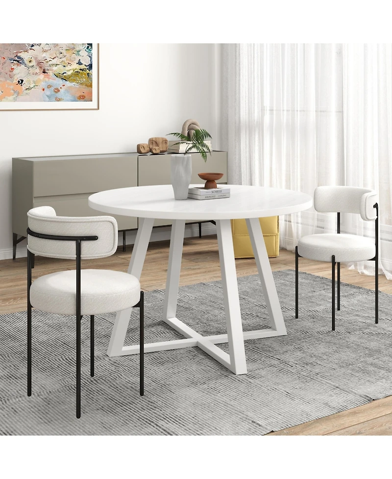 Flynama 3-Piece Round Dining Set, Trestle Base Table and 2 Boucle Fabric Chairs