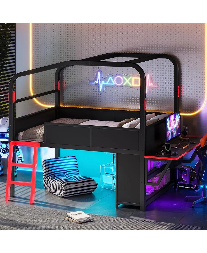 Streamdale Furniture Full Size Metal Low Loft Bed with Desk, Led Lights, and Storage Cabinets