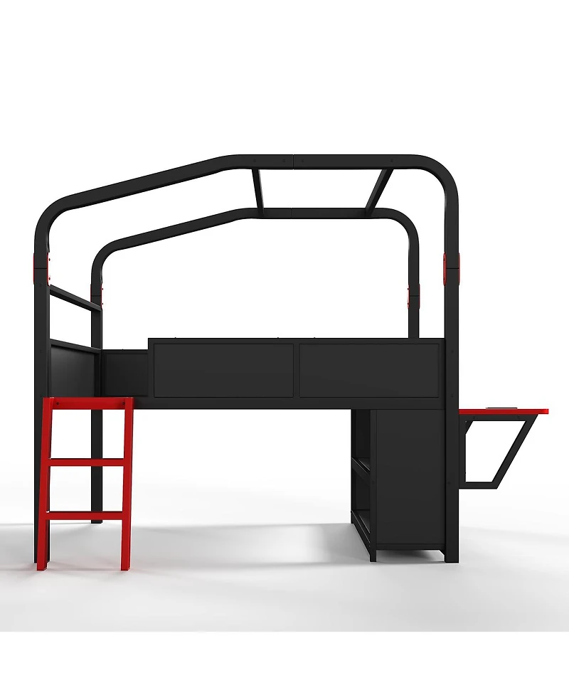 Streamdale Furniture Full Size Metal Low Loft Bed with Desk, Led Lights, and Storage Cabinets