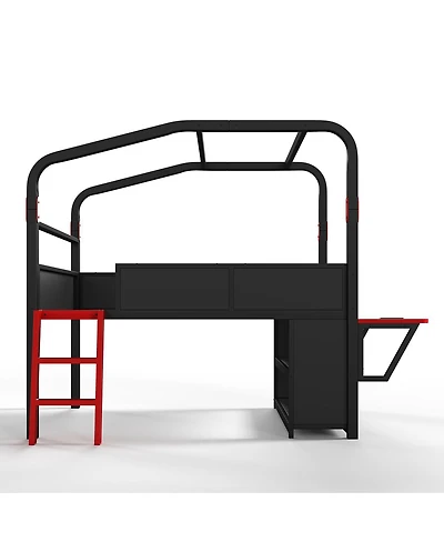 Streamdale Furniture Full Size Metal Low Loft Bed with Desk, Led Lights, and Storage Cabinets