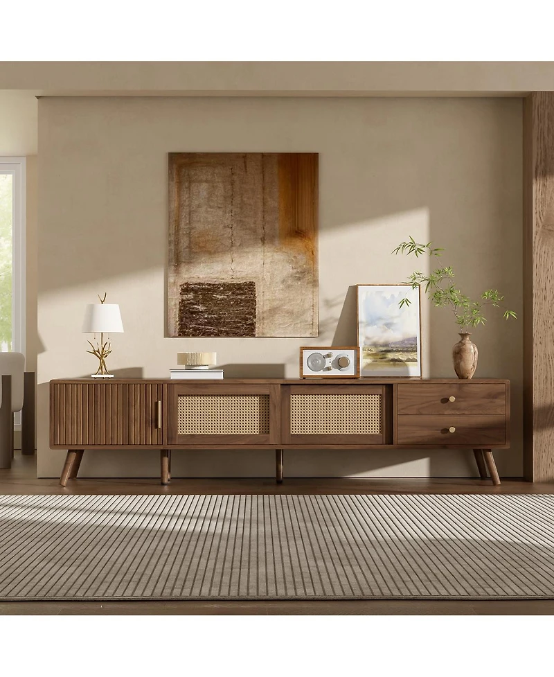 Streamdale Furniture 76" Rattan Doors Tv Stand for TVs up to 85", Wood-Grain Entertainment Center
