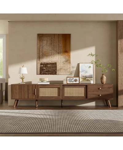 Streamdale Furniture 76" Rattan Doors Tv Stand for TVs up to 85", Wood-Grain Entertainment Center