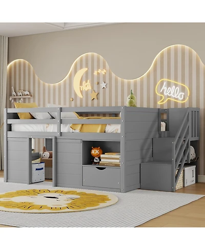 Streamdale Furniture Full Size Wood Low Loft Bed with Stairs, Storage and Led Lights