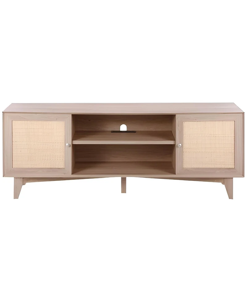 Slickblue Modern Rattan Tv Console with Built-In Power Socket, Storage Shelves for Bedroom and Media Room