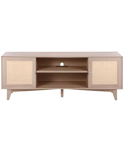 Slickblue Modern Rattan Tv Console with Built-In Power Socket, Storage Shelves for Bedroom and Media Room