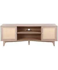 Slickblue Modern Rattan Tv Console with Built-In Power Socket, Storage Shelves for Bedroom and Media Room