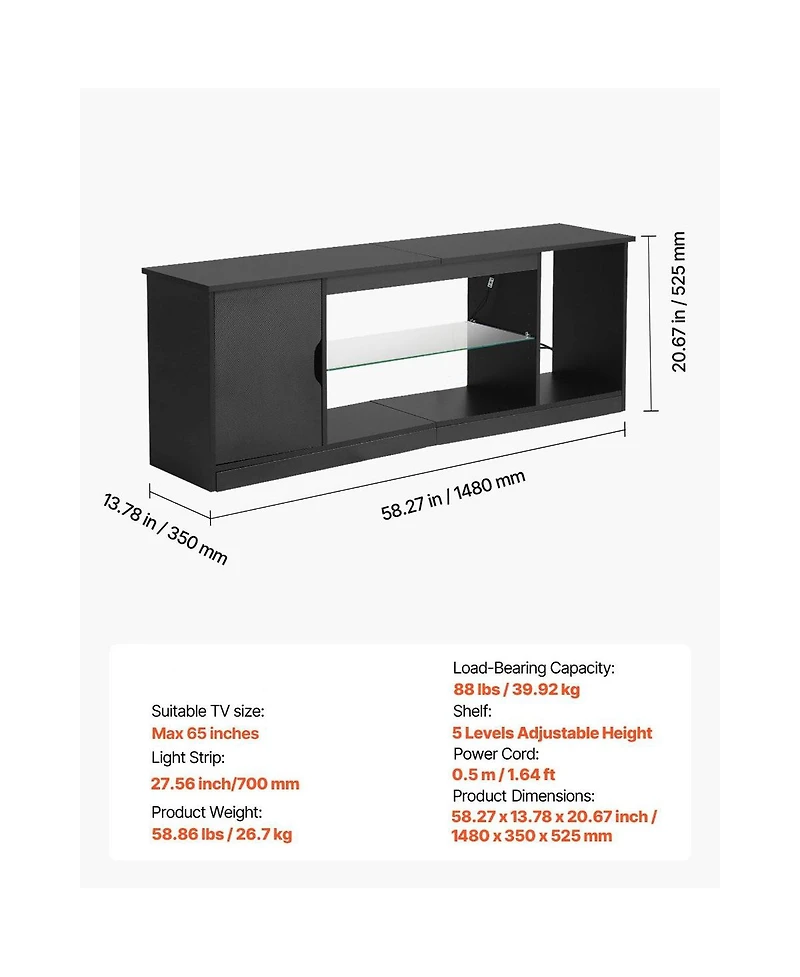 Slickblue Entertainment Center Tv Stand with Glass Shelf, Adjustable Shelves and Led Light Strip