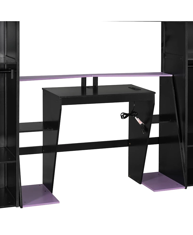 Streamdale Furniture Full-Size Wooden Gaming Loft Bed with Desk, Storage, Rgb Lights and Wardrobe