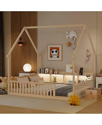 Streamdale Furniture Full House Floor Bed with Storage, Led, Charging Station and Guardrails