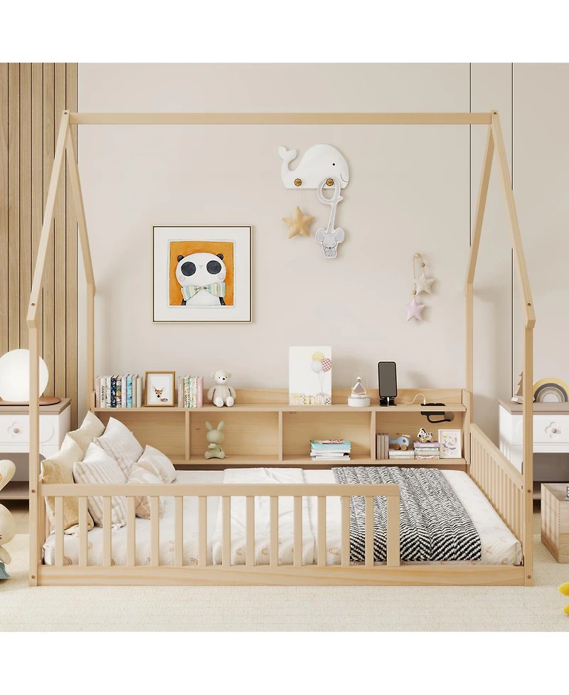 Streamdale Furniture Full House Floor Bed with Storage, Led, Charging Station and Guardrails