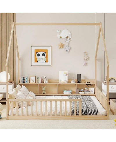 Streamdale Furniture Full House Floor Bed with Storage, Led, Charging Station and Guardrails