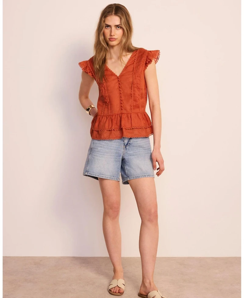 Mint Velvet Women's V-Neck Ruffle Sleeveless Ramie Blouse