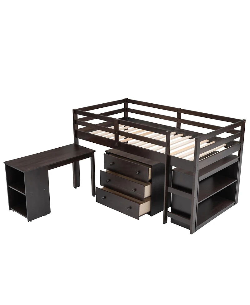 Clihome Low Study Twin Loft Bed with Cabinet and Rolling Portable Desk