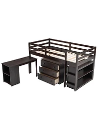 Clihome Low Study Twin Loft Bed with Cabinet and Rolling Portable Desk