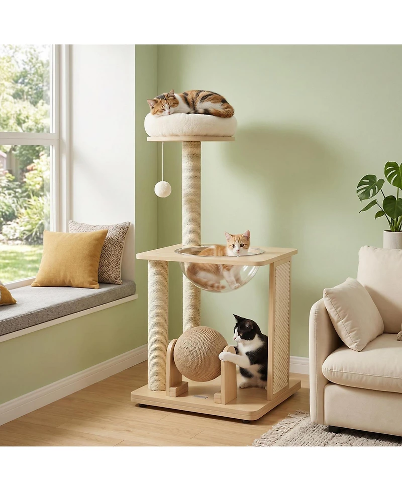 Gymax 40'' Modern Solid Wood Cat Tree with Top Perch Space Capsule Sisal Scratching Posts
