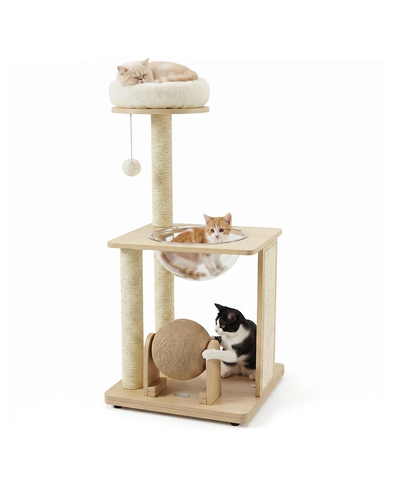 Gymax 40'' Modern Solid Wood Cat Tree with Top Perch Space Capsule Sisal Scratching Posts