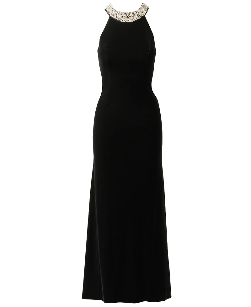Adrianna Papell Petite Pearly Collar Velvet Sleeveless Halter Gown
