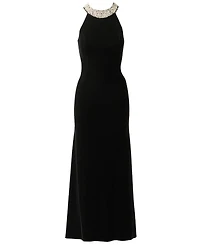 Adrianna Papell Petite Pearly Collar Velvet Sleeveless Halter Gown