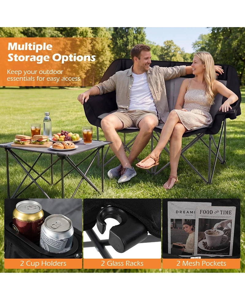 Gymax Double Camping Chair with Cup Holders Glass Racks and Mesh Pockets Carry Bag
