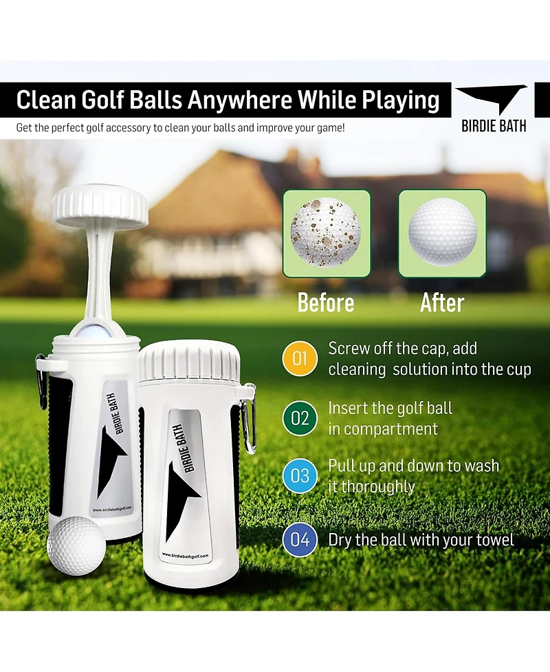 Birdie Bath Golf Ball Cleaner, Leak-Proof Washer with Carabiner