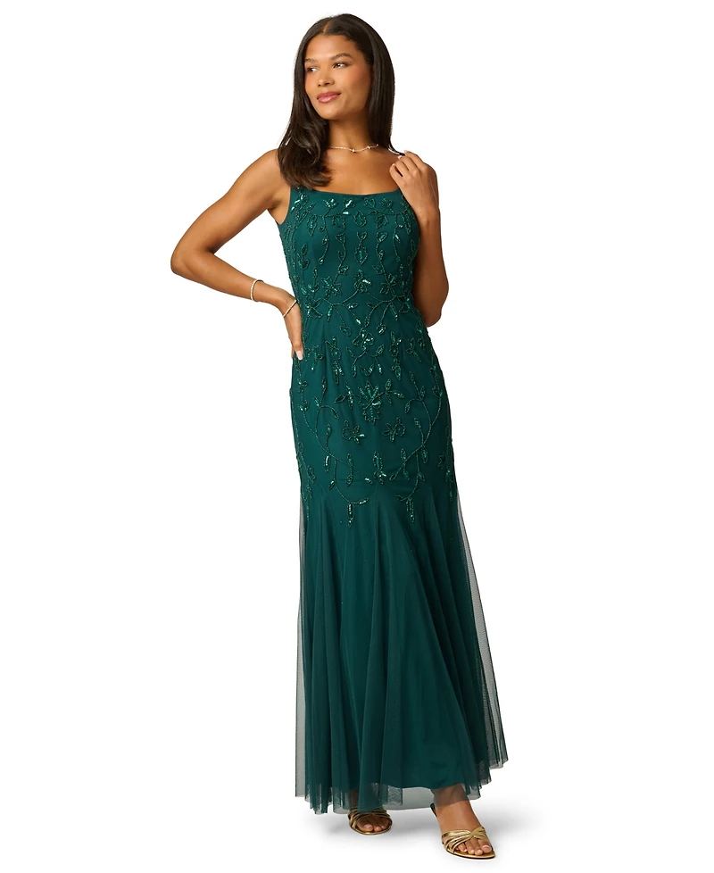 Adrianna Papell Women's Beaded-Mesh Square Neck Long Dress