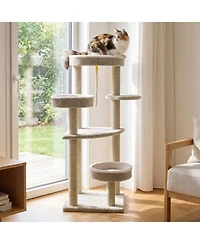 Sugift Carpeted Cat Tree 51 Inch with Oversized Top Perch and 2 Round Beds for Indoor Cats