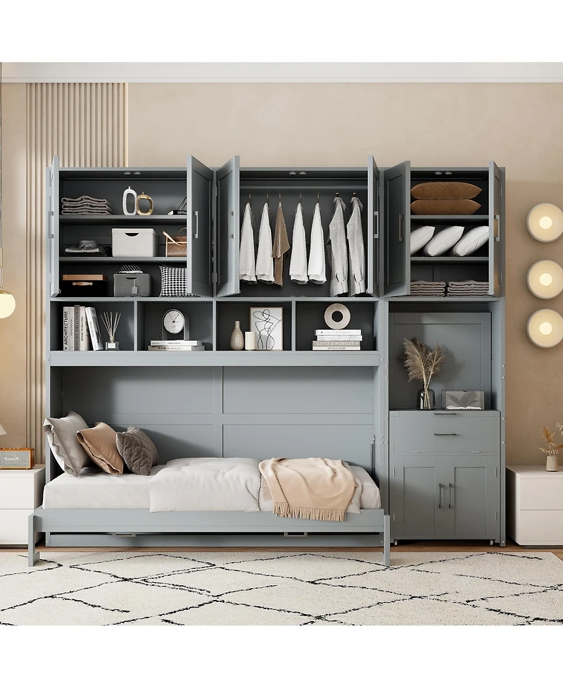 Clihome Twin Size Murphy Bed Wall Bed with Closet , Drawers and Desk
