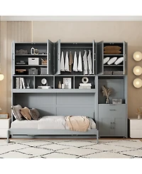 Clihome Twin Size Murphy Bed Wall Bed with Closet , Drawers and Desk