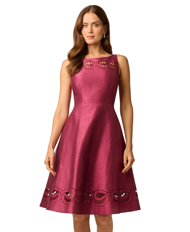 Adrianna Papell Women's Cutout Dupioni Midi Boat Neck Dress