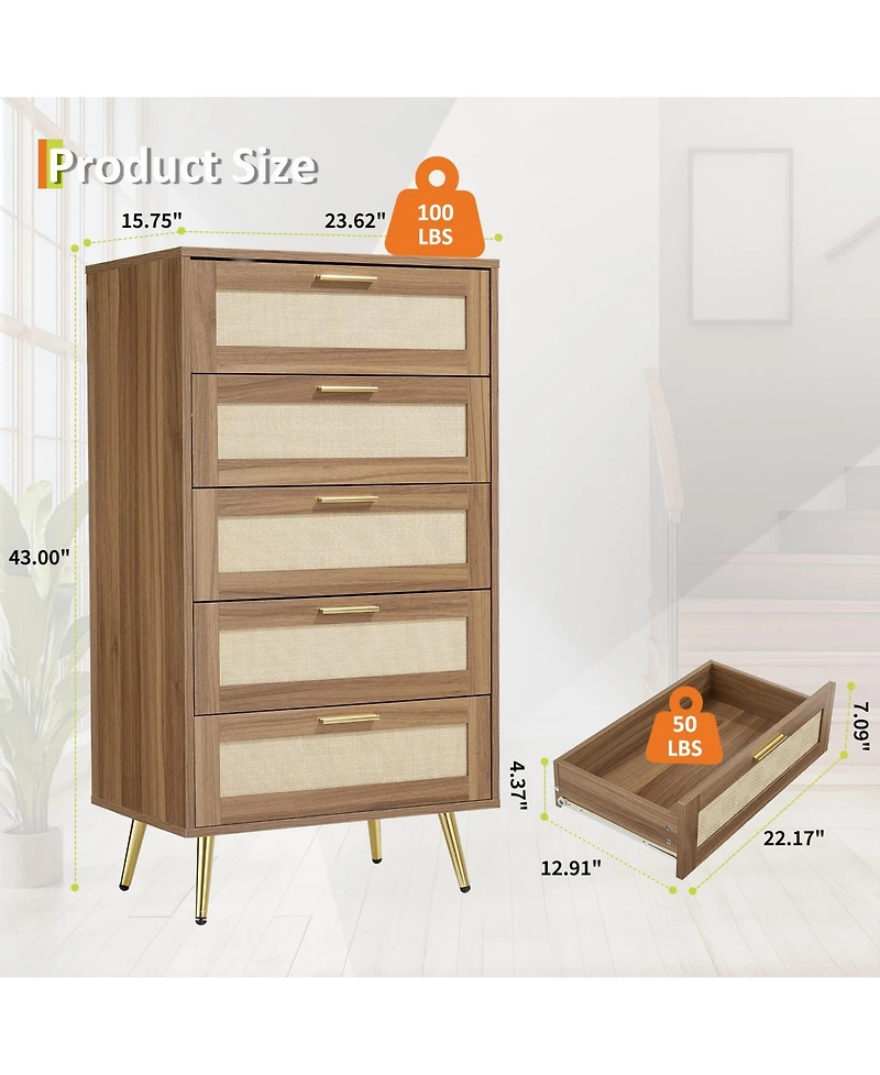 gaomon Modern Rattan 5-Drawer Dresser with Metal Handles and Splayed Legs – Mdf Tall Chest of Drawers for Bedroom, Entryway Living Room Storage