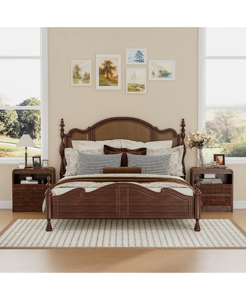 homfan Set of 2 Brown Fluted Nightstands with Charging Station and 2 Drawers