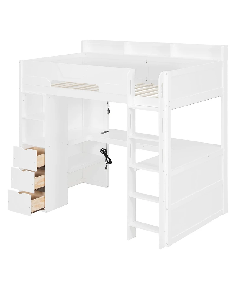 Clihome Twin Size Wooden Gaming Loft Bed with U-Shaped Desk, Smart Rgb Led Lights,Multi-Functional High Sleeper with 3 Drawers for Teens Adults