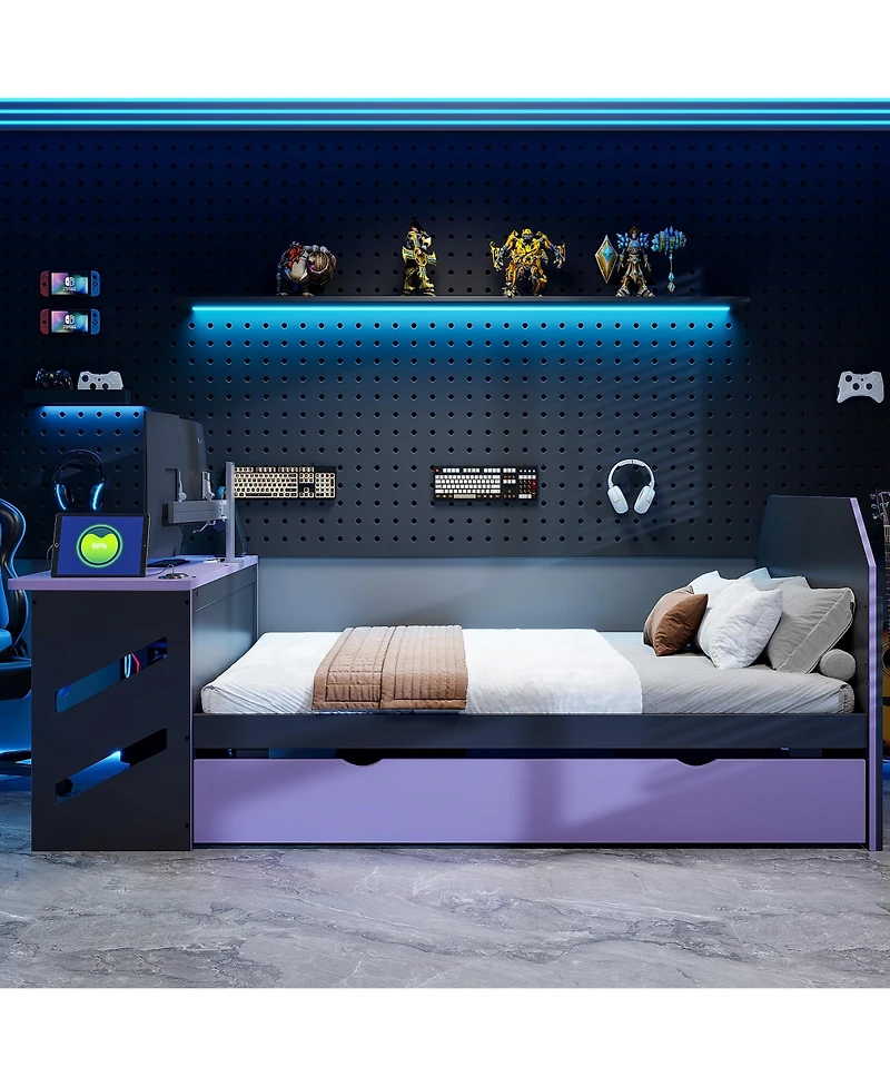 Clihome Full Size Wood Daybed with Twin Size Trundle,Desk and Usb