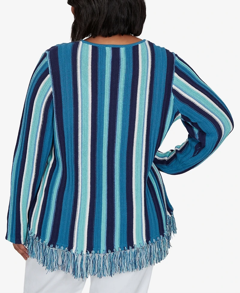 Hearts Of Palm Plus Stripe Fringe 3/4-Sleeve Pullover