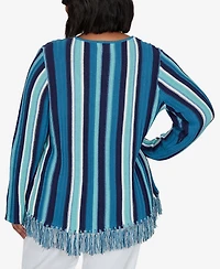 Hearts Of Palm Plus Stripe Fringe 3/4-Sleeve Pullover