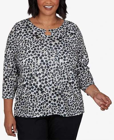 Hearts Of Palm Plus Animal-Print 3/4-Sleeve Blouse